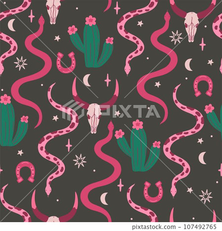 Wild west seamless pattern with skulls, snakes, cacti. Vector graphics. Wild west seamless pattern with skulls, snakes, cacti. Vector graphics. 107492765