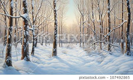 用色鉛筆繪製的冬季森林景觀橫幅的背景材料 107492865