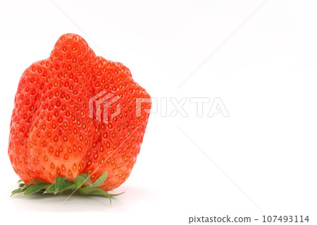 1 large strawberry, red cheeks, bright red, bright background 107493114
