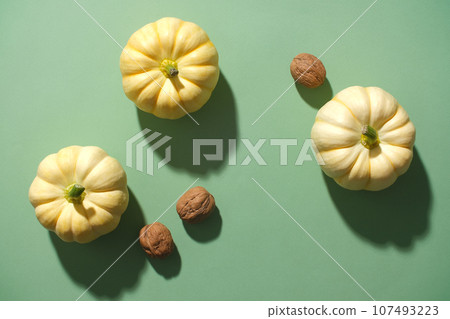 Minimal background with decorative mini pumpkins and walnuts on a green background. Decorative ideas for the season to harvest agricultural products with a bountiful harvest Minimal background with decorative mini pumpkins and walnuts on a green background. Decorative ideas for the season to harvest agricultural products with a bountiful harvest 107493223