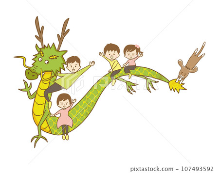 A family of four and a dog riding on the back of a dragon (no text) 107493592