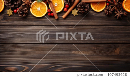 Festive Christmas decorations of cinnamon, pine cones and oranges on a wooden table Festive Christmas decorations of cinnamon, pine cones and oranges on a wooden table 107493628