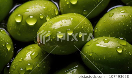 Green olives with drops of water 107493658