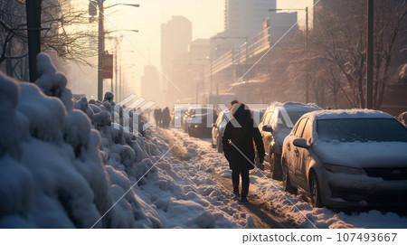 Big city with traffic jam due to heavy snow 107493667