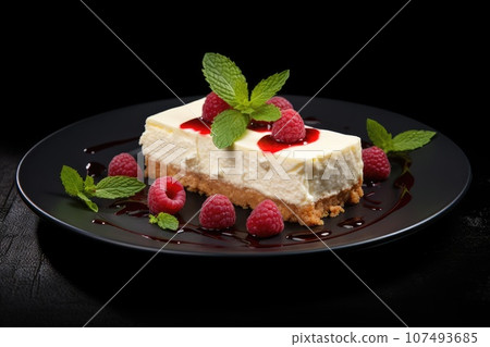 Cheesecake with raspberries and mint on black plate 107493685