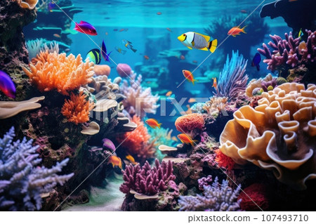 Underwater shot of coral fish, corals and anemones 107493710