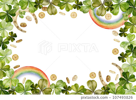Watercolor hand drawn illustration, Saint Patrick holiday. Leprechaun gold coins, green lucky clover, rainbow Ireland tradition. Frame Isolated on white background. Invitations, print, website, cards. Watercolor hand drawn illustration, Saint Patrick holiday. Leprechaun gold coins, green lucky clover, rainbow Ireland tradition. Frame Isolated on white background. Invitations, print, website, cards. 107493826