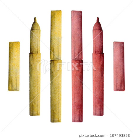 Watercolor hand drawn illustration, kids children painting materials supplies, mix color art markers pens stationery. Single object isolated on white. For school, kindergarten, party, shop, website 107493838