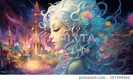 手绘动漫唯美的魔幻世界中的少女插画 107494068