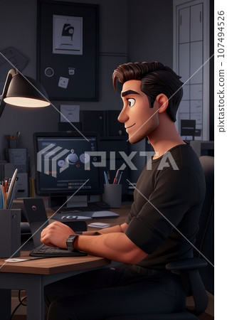 Animation style man working at the desk-插圖素材 [107494526] - PIXTA圖庫