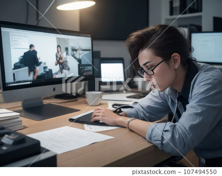 Tired female freelancer working 107494550