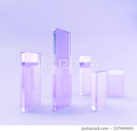 3d render glass transparent clear rectangle plates on purple background. Abstract geometric shapes, crystal wall panels on stage with light refraction and hologram gradient texture. 3D illustration 107494843