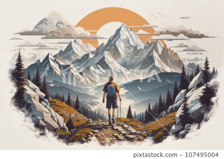 Illustration of a man hiking a trail through the mountains Illustration of a man hiking a trail through the mountains 107495004