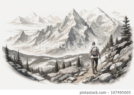Illustration of a man hiking a trail through the mountains Illustration of a man hiking a trail through the mountains 107495005