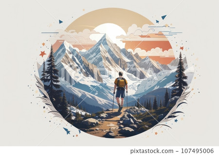 Illustration of a man hiking a trail through the mountains 107495006