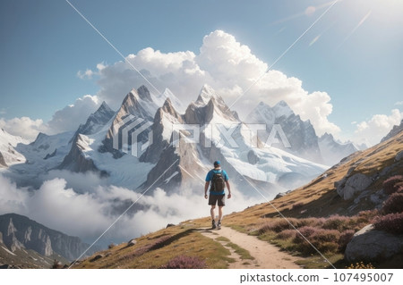Illustration of a man hiking a trail through the mountains Illustration of a man hiking a trail through the mountains 107495007