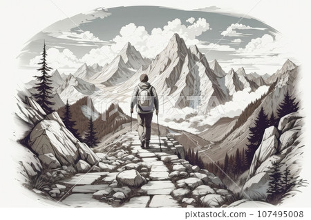 Illustration of a man hiking a trail through the mountains Illustration of a man hiking a trail through the mountains 107495008