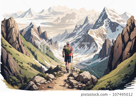 Illustration of a man hiking a trail through the mountains Illustration of a man hiking a trail through the mountains 107495012