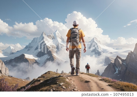 Illustration of a man hiking a trail through the mountains 107495013