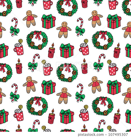 pattern gifts, wreath, sugar cane, hot chocolate, gingerbread 107495307