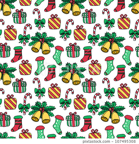 pattern of Christmas decorations on a white 107495308
