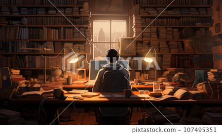 A man studying in the library late at night 107495351