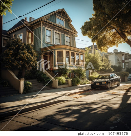 An old house sitting on side of the street 107495376