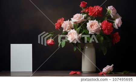 A bouquet of beautiful flowers in a vase on the table next to a blank card A bouquet of beautiful flowers in a vase on the table next to a blank card 107495695