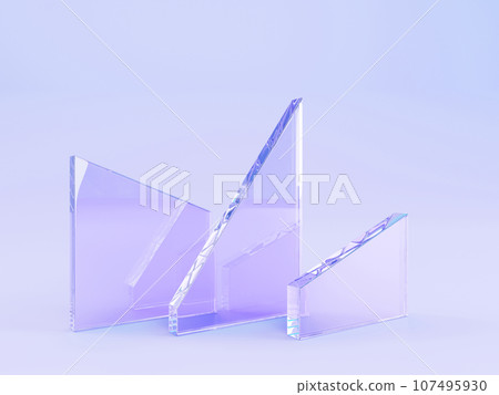 3d render abstract geometric purple background with glass triangle plates. Crystal decorative wall of broken square or rectangles plates, transparent clear shapes in empty studio room. 3D illustration 107495930