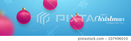 Christmas festive banner with hanging pink balls on blue background. Christmas festive banner with hanging pink balls on blue background. 107496010