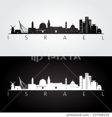 Israel skyline and landmarks silhouette 107496105