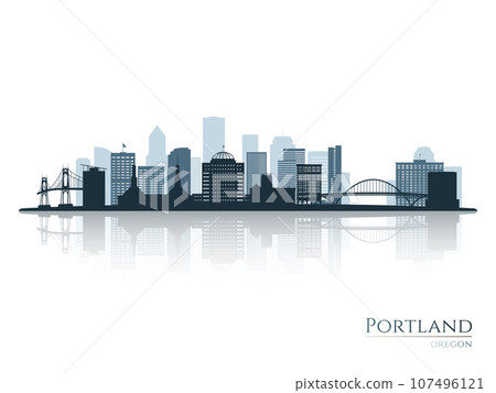 Portland skyline silhouette with reflection. Portland skyline silhouette with reflection. 107496121