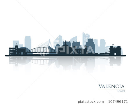 Valencia skyline silhouette with reflection. Valencia skyline silhouette with reflection. 107496171