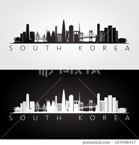 South Korea skyline and landmarks silhouette 107496417