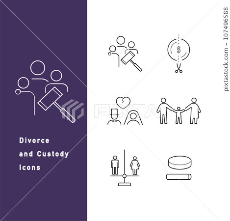 關於離婚、監護權和財產分割的線條圖示集 107496588