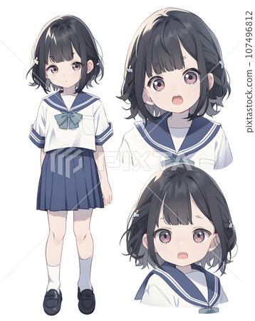 High school girl character sheet deformed illustration (AI generated image) 107496812