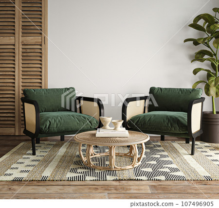 African bright livingroom with green plant, ethnic carpet and wicker table background. Light modern japanese nature interior. 3d rendering. High quality 3d illustration 107496905