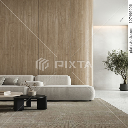Beige minimal livingroom with large modular sofa, plants and decor - carpet background. Light modern japanese nature view. 3d rendering. High quality 3d illustration Beige minimal livingroom with large modular sofa, plants and decor - carpet background. Light modern japanese nature view. 3d rendering. High quality 3d illustration 107496906