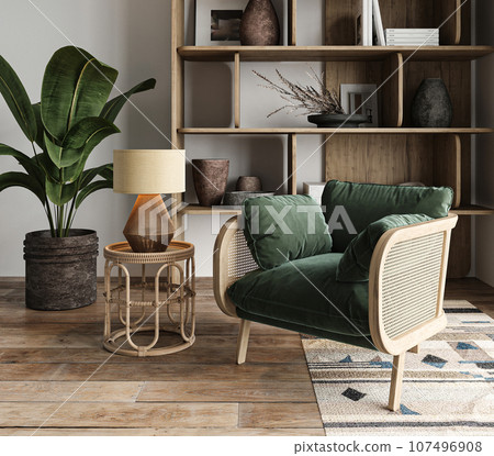 Boho beige livingroom with palm plant, wicker furniture and armchair background. Light modern japanese nature interior. 3d rendering. High quality 3d illustration 107496908
