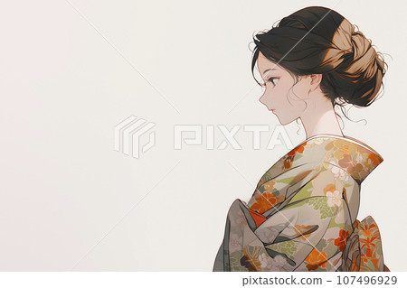 穿著和服的日本女性的側面圖（AI 產生的圖像） 107496929