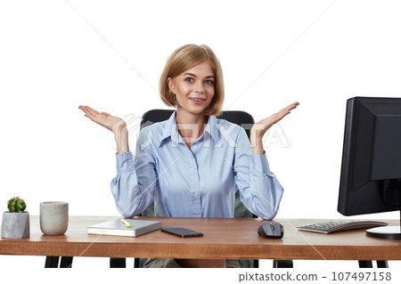 woman manager spread hands sideways and smiling at office. 107497158