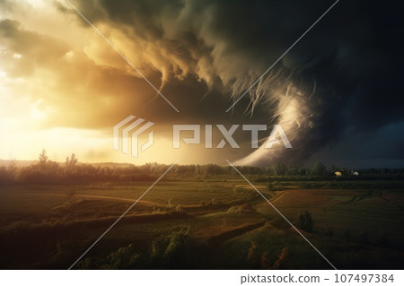 Natural disaster. Tornado raging over a landscape. Natural disaster. Tornado raging over a landscape. 107497384
