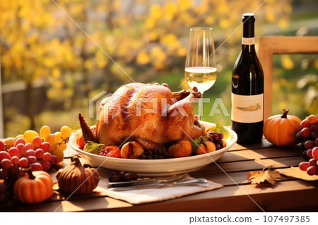 Roast turkey, grapes, pumpkins and white wine. Autumn table in the open air overlooking the autumn landscape. 107497385