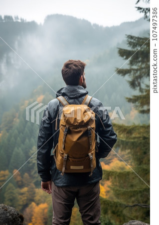 A young couple of hikers walk through the forest in rainy weather. 107497386