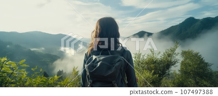 A young couple of hikers walk through the forest in rainy weather. A young couple of hikers walk through the forest in rainy weather. 107497388