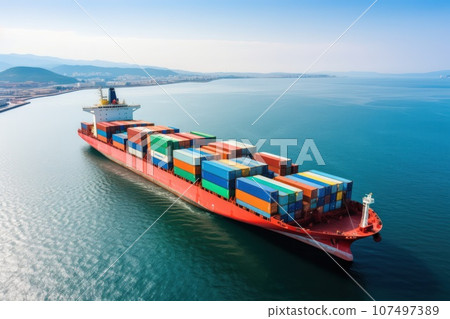 Container ship at sunset. Sea freight is one of the most important engines of the modern economy. 107497389