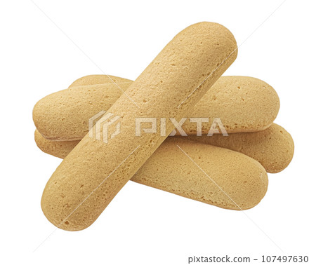 Italian savoiardi biscuits, ladyfinger cookies isolated on white background, full depth of field Italian savoiardi biscuits, ladyfinger cookies isolated on white background, full depth of field 107497630