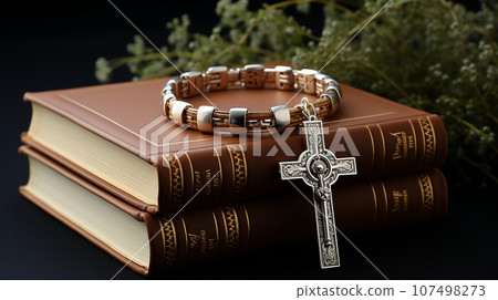 Leather-bound Bible and silver cross Leather-bound Bible and silver cross 107498273