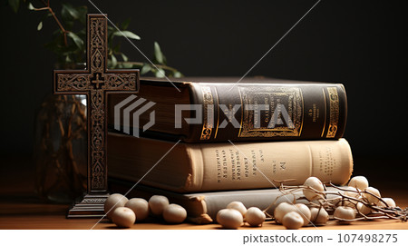 皮革裝訂聖經和銀色十字架 皮革裝訂聖經和銀色十字架 107498275