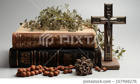 皮革裝訂聖經和銀色十字架 皮革裝訂聖經和銀色十字架 107498276